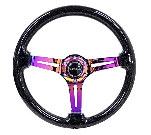 NRG Innovations Reinforced NRG-RST-018BSB-MC Classic Wood Grain Steering Wheel, 350mm, 75mm Deep, 3 Spoke Slotted Center Neochrome With Black Multi Color Flake Wood Double Riveted Spokes