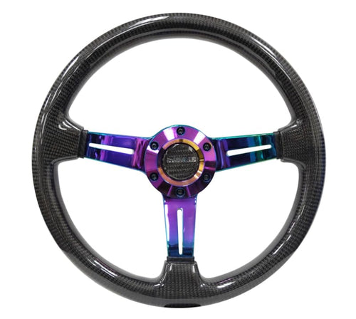 Carbon Fiber NRG Steering Wheel (350mm / 1.5in. Deep) Neochrome 3-Spoke Design w/Slit Cuts