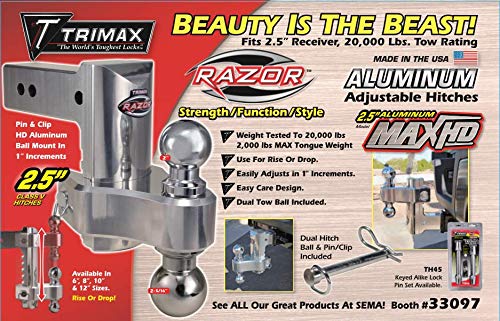 Trimax TRZ12ALHD Heavy Duty 12" Pin & Clip Aluminum Drop Hitch For 2-1/2" Receivers Includes Dual Balls, Silver