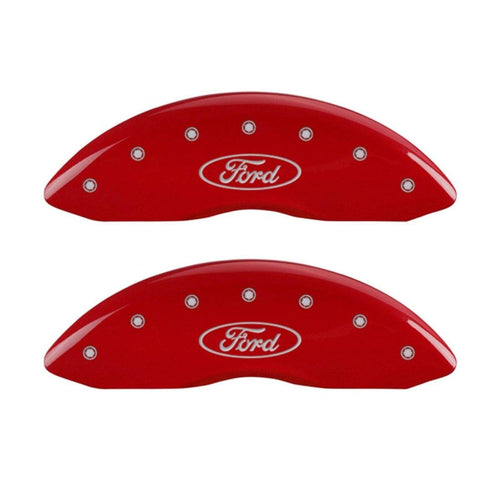 Ford Oval Logo Type MGP Caliper Covers 10234FFRDRD with Red Powder Coat Finish and Silver Characters, (Set of 2)