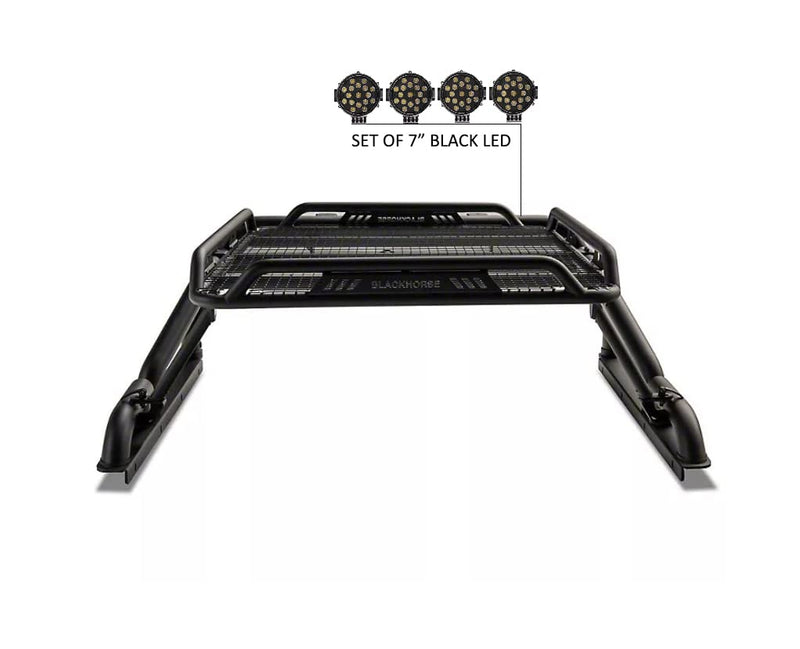 Warrior Black Horse Roll Bar incl. Pair of 7.0" Dia.LED Lights w/Black Trim Rings Compatible with 1/2 TON Trucks (GM Silverado 14+/Ford F150 15+/Dodge RAM 15+) with Full Size Cargo Basket