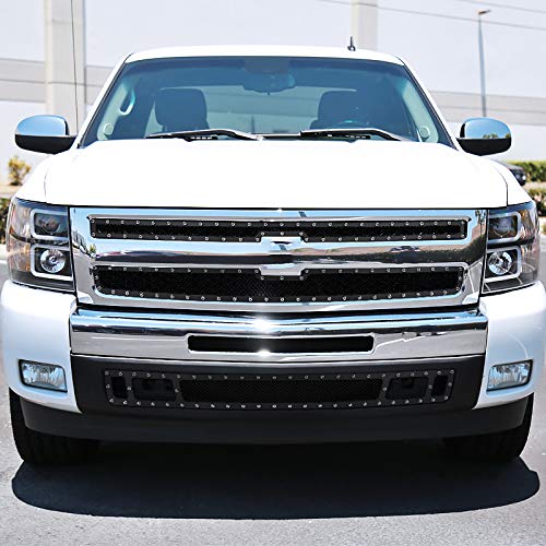 Spec-D Tuning Black Rivet Mesh Upper&Lower Main Grille Inserts 3PC Compatible with 2007-2013 Chevy Silverado 1500