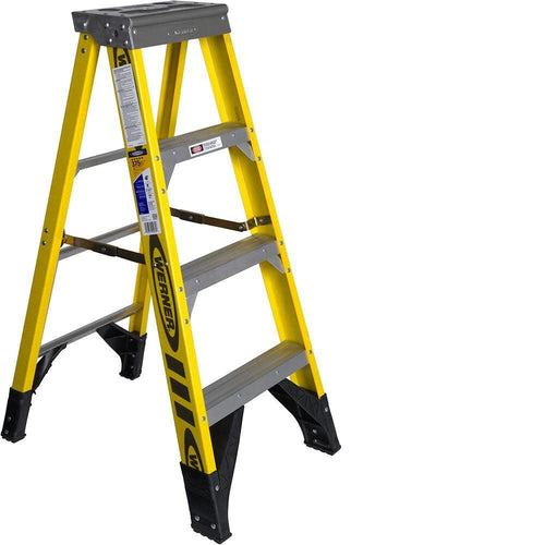 7304 Werner Type IAA Fiberglass Step Ladder, 3 Steps, Single-Sided, Yellow, 375lb Load Capacity, 4' Length, 21.5" Base Width, 7.56" Height