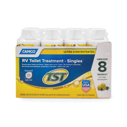 Camco TST MAX Toilet Treatment RV - Formaldehyde Free - Breaks Down Waste And Tissue - Septic Tank Safe - Treats up to 8-40 Gallon Holding Tanks -Lemon Scent, (8) 4 oz Bottles (41571)