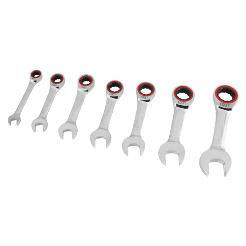 W30634 Performance Tool 7-Piece Stubby Ratcheting Combination Wrench Set with 100 Gear Teeth and Chrome Vanadium Steel Construction
