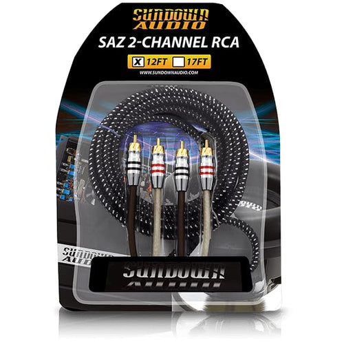 Mono RCA Signal Cable Sundown Audio RCA-SAZ2CH12 Premium – 12ft Twisted Pair, Dual Shielded OFC Copper with Braided Foil, High-Grip Connectors for Noise-Free Car Audio