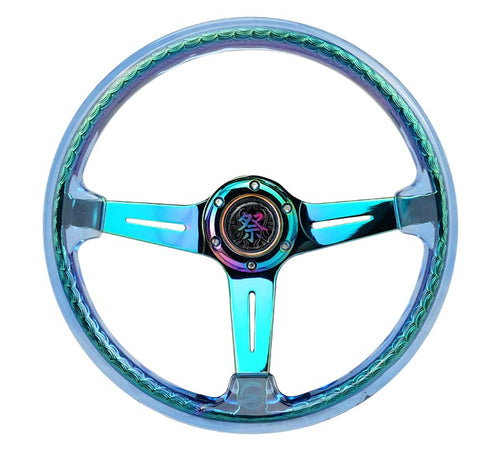 NRG Innovations Reinforced Steering Wheel NRG-RST-027MC-BL 350mm 2" Deep Dish Clear Acrylic Steering Wheel in Blue and NeoChrome Spoke Finish with Slits