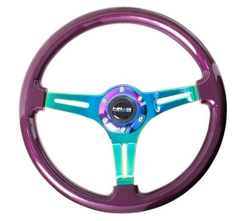 NRG Innovations Classic Wood Grain NRG-ST-015MC-PP Steering Wheel, 350mm 25mm Deep, 3 Neochrome Spokes, Purple Pearl Paint