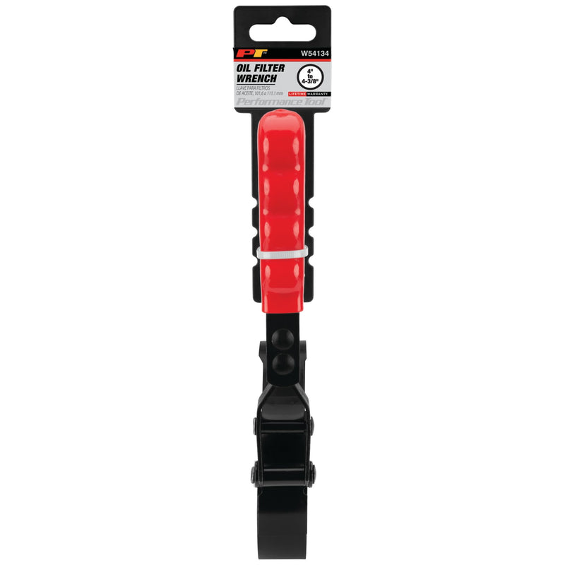 W54134 Performance Tool Oil Filter Wrench, Swivel Handle, Studded Steel Band, 4 in. to 4 3/8 in. (101.5mm to 111mm) Diameter, Black/Red