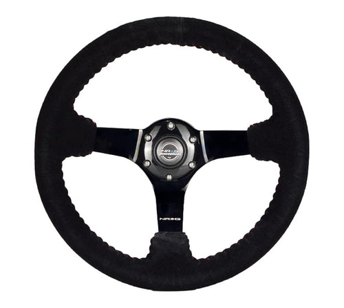 NRG Innovations Reinforced NRG-RST-033BK-S Steering Wheel 330mm Diameter Sport Suede Racing (3" Deep) Comfort Grip, 4mm Matte Black Spoke With Criss Cross Stitching, Perforated Leather Or Suede