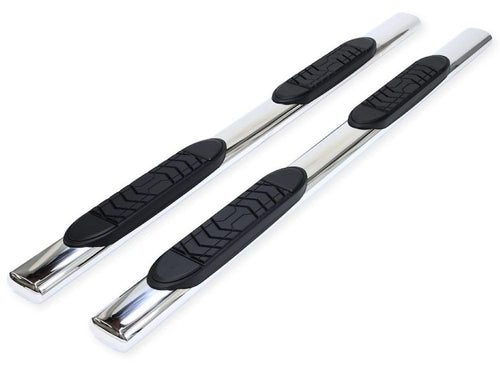 Truck Running Boards Fits 2011-2024 Ram 2500 Mega Cab Oval 5 Inch Straight Nerf Bars with Step Pads – Polished Marine-Grade Stainless Steel, Welded End Caps, TrailFX A7057S Rocker Panel Mount