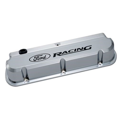 Ford Slant-Edge Valve Cover, Tall, Baffled, Breather Hole, Recessed Ford Racing Logo, Aluminum, Chrome