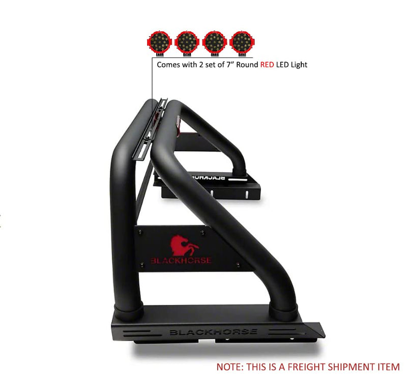 Classic Black Horse Roll Bar Incl. Pair of 7.0" Dia. LED Lights w/Red Trim Rings Compatible with 2020-2024 Jeep Gladiator-RB09BK-PLR