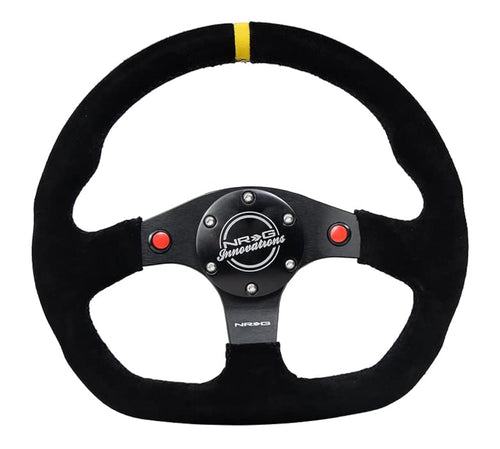 NRG Innovations Reinforced NRG-RST-024D-MB-S-Y Steering Wheel 320mm Sport Suede Dual Push Buttons Flat Bottom with Yellow Center Mark