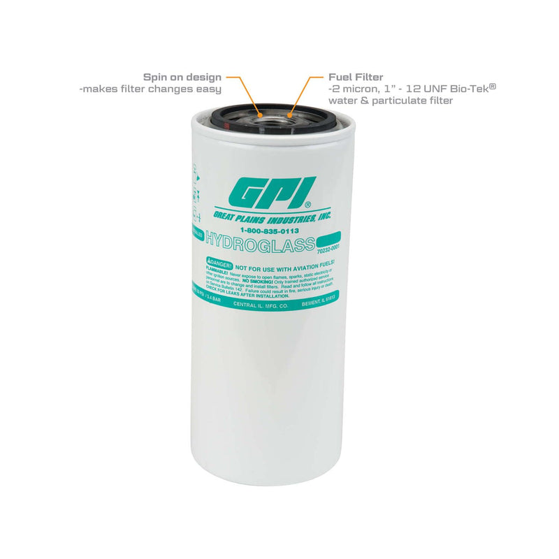 GPI Water and Particulate PW-25-2-1 Bio-Tek Filter for use with Fuel Transfer Pumps up to 25 GPM (95 LPM), 2 Micron, 1-12 UNF Thread (GPI Genuine Accessory 129340-04)