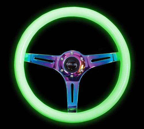 NRG Innovations Steering Wheel NRG-ST-015MC-GL - 350mm 25mm Deep Configuration, Classic Wood Grain Wheel 3 Neochrome Spokes - Glow-N-Dark Grip (ST-015MC-YG)