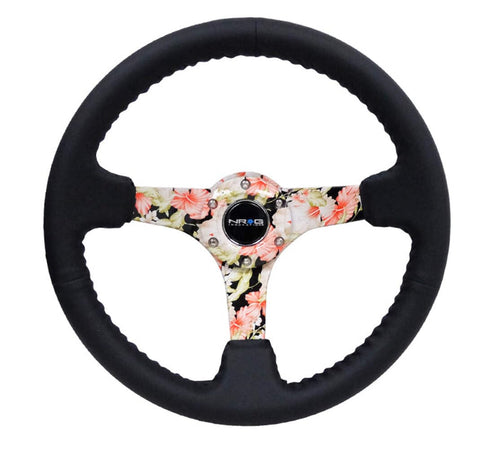 NRG Innovations Reinforced Steering Wheel NRG-RST-036FL-R Hydro Dipped Tropical Floral 3" Deep, 5mm Spoke, 350mm Sport Steering Wheel Black Leather With Black Baseball Stitching