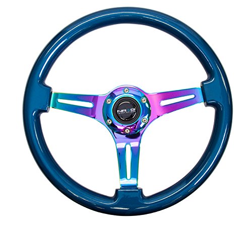 NRG Innovations Steering Wheel NRG-ST-015MC-BL - 350mm 25mm Deep Configuration, Classic Wood Grain Wheel, 3 Neochrome Spokes- Blue Pearl/Flake Paint
