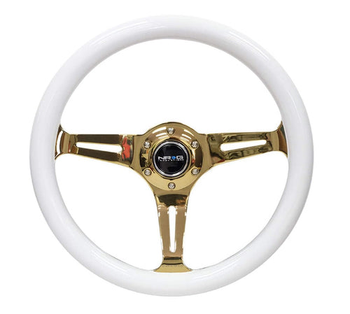 NRG Innovations Steering Wheel NRG-ST-015CG-WT - 350mm 25mm Deep Configuration 3 Chrome Gold Spokes Classic White Wood Grain Wheel/White Grip
