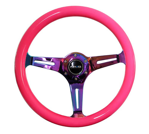 NRG Innovations Classic Wood Grain Steering Wheel NRG-ST-015MC-NPK, 350mm 3 Neochrome Spokes-Neon Pink Color