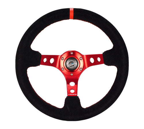 NRG Innovations Reinforced NRG-RST-006S-RD Steering Wheel - 350mm Sport Steering Wheel (3" Deep) - Red Spoke with Round Holes, Black Leather, Red Stitching/Center Mark