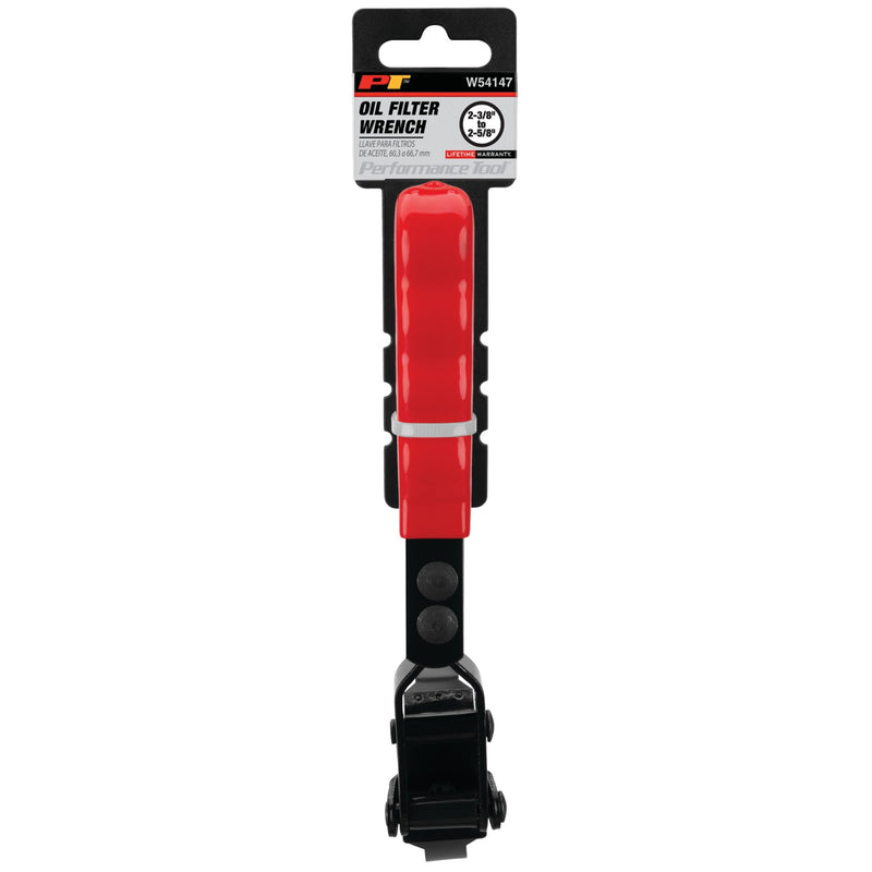 W54147 Performance Tool Oil Filter Wrench, Swivel Handle, Studded Steel Band, 2-3/8 in. to 2-5/8 in. (60mm to 67mm) Diameter, Black/Red