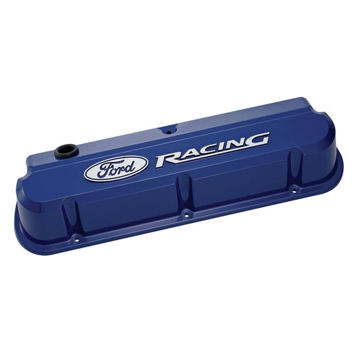 Ford Slant-Edge Valve Cover, Tall, Baffled, Breather Hole, Raised Ford Racing Logo, Aluminum, Blue Powder Coat