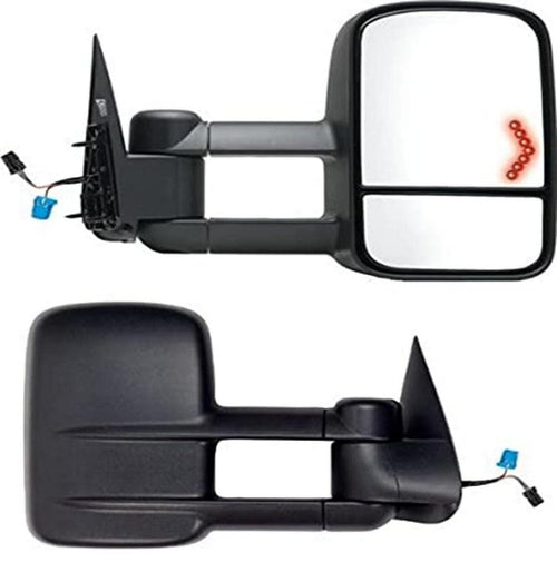K Source Towing Mirror Extendable Pair For 2003 – 2007 Escalade, Avalanche, Suburban, Tahoe, Yukon, Silverado, Sierra, Silverado/Sierra Classic. Textured Black, Power Heated, LED Arrow Signal, Dual Lens, Foldaway