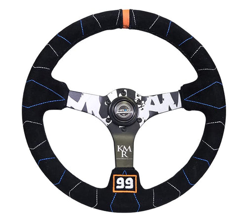 NRG Innovations Reinforced Steering Wheel NRG-RST-036MB-S-KMR - 3" Deep, 5mm Matte Black Spoke, 350mm Sport Steering Wheel Black Suede with Color Stitching