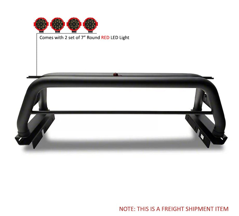 Classic Black Horse Roll Bar Incl. Pair of 7.0" Dia. LED Lights w/Red Trim Rings Compatible with 2020-2024 Jeep Gladiator-RB09BK-PLR