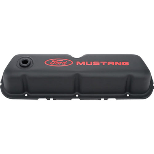 Ford Tall Valve Cover, Baffled, Breather Hole, Ford Mustang Logo, Steel, Black Crinkle