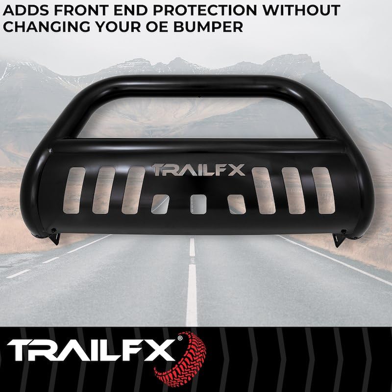 B0029B TrailFX Bull Bar Fits Chevrolet Colorado 2015-2022 Tubular 3 Inch Black Powder Coated Steel, with Skid Plate, Holes for Optional Lighting