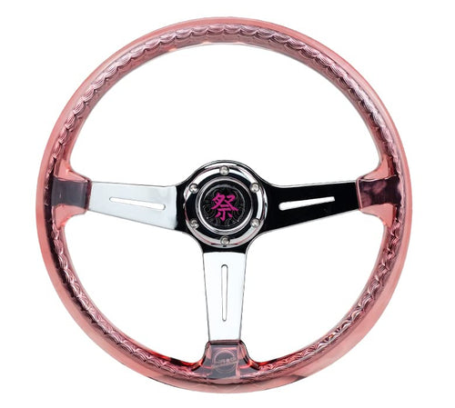 NRG Innovations Reinforced Steering Wheel NRG-RST-027CH-RD 350mm 2" Deep Dish Clear Acrylic Steering Wheel in Red and Chrome Spoke Finish with Slits