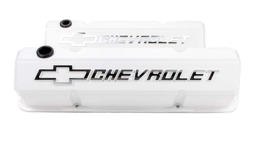 Proform Slant-Edge Valve Cover, Tall, Baffled, Breather Hole, Raised Chevrolet Bowtie Logo, Aluminum, White, Small Block Chevy, Pair