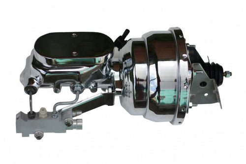 8 Inch LEED BRAKES Dual Power Booster, 1-1/8 Inch Bore Flat Top Master, Side Mount Valve, Disc/Drum (Chrome)