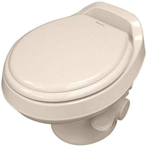 Dometic 401 Essential Model RV Toilet – Heavy-Duty Plastic Bowl, Universal Fit & 2-Bolt Mount, Low-Profile 13–5/8" Seat Height, Gravity Flush Toilet with Soft-Close Seat, Bone (9610008279)