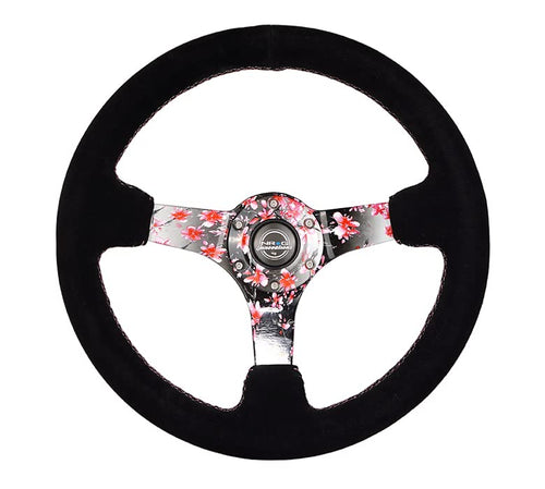 NRG Innovations Reinforced Steering Wheel NRG-RST-036SAK-S Hydro Dipped Sakura Floral 3" Deep, 5mm Spoke, 350mm, Pink Suede with Black Baseball Stitching