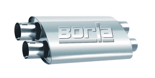 BORLA ProXS 400287 Muffler 2.25" Dual Inlet/ 2.25" Dual Outlet, 4" x 9.5" Oval, 19" Long Body, 24" Overall Length. Internal X-Pipe. Universal Part. Reversible Design.