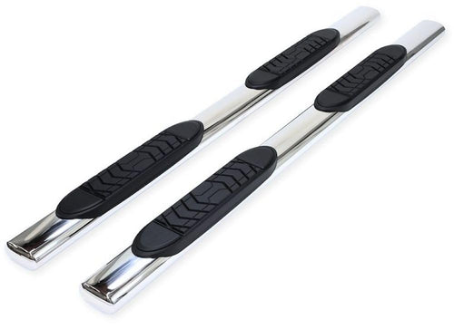 Ram 1500 Crew Cab Truck Running Boards Fits 2011-2018 Oval 5 Inch Straight Nerf Bars with Step Pads Polished Marine-Grade Stainless Steel, Welded End Caps, Rocker Panel Mount TrailFX A7056S