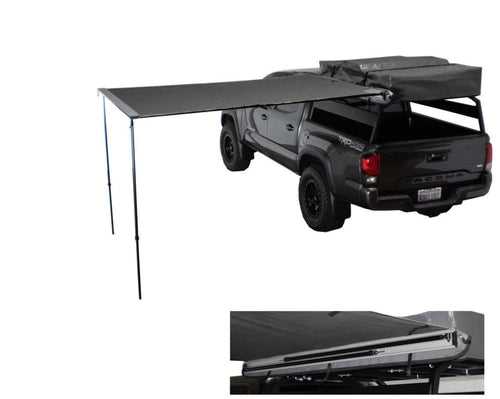 Overland Vehicle Systems Nomadic HD 2.5-8.0' Awning - 280G Poly Cotton Rip Stop Grey Body, Green Trim & 1000G PVC Black Travel Cover - 69 Square Feet of Coverage - Universal Fitment