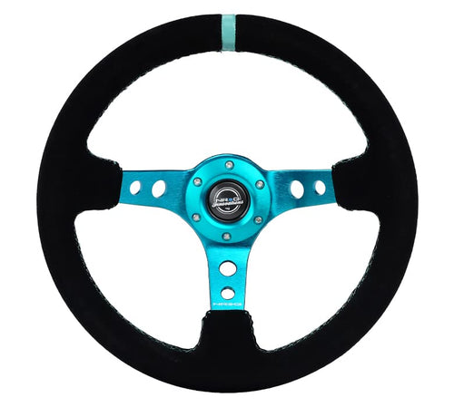 NRG Innovations Reinforced NRG-RST-006S-TL Steering Wheel - 350MM Sport Steering Wheel (3" Deep) - Black Suede Teal Center Mark with Teal Stitching and Teal Center spoke