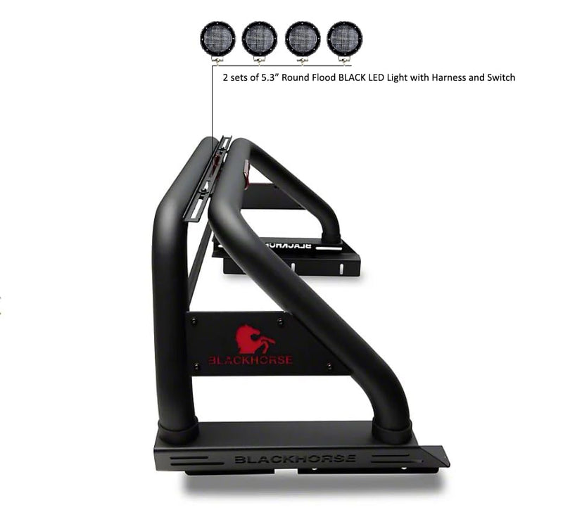 CLASSIC Black Horse Roll Bar Incl. Set of 5.3"Dia.LED Lights w/Black Trim Rings Compatible with 2020-2024 Jeep Gladiator-RB09BK-PLFB