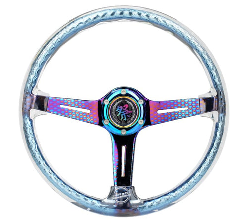 NRG Innovations Reinforced Steering Wheel NRG-RST-027GM-CL 350mm 2" Deep Dish Clear Acrylic Steering Wheel in Clear and Geometric NeoChrome Spoke Finish with Slits