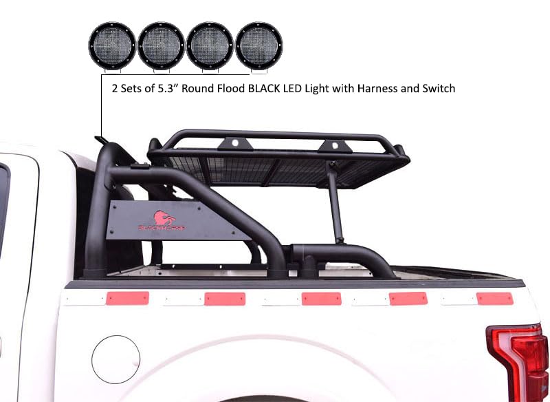 Warrior Black Horse Roll Bar Incl. Set of 5.3" Dia.LED Lights Compatible with 1/2 TON Trucks (GM Silverado 14+/Ford F150 15+/Dodge RAM 15+) with Full Size Cargo Basket(with RED Brake Light)