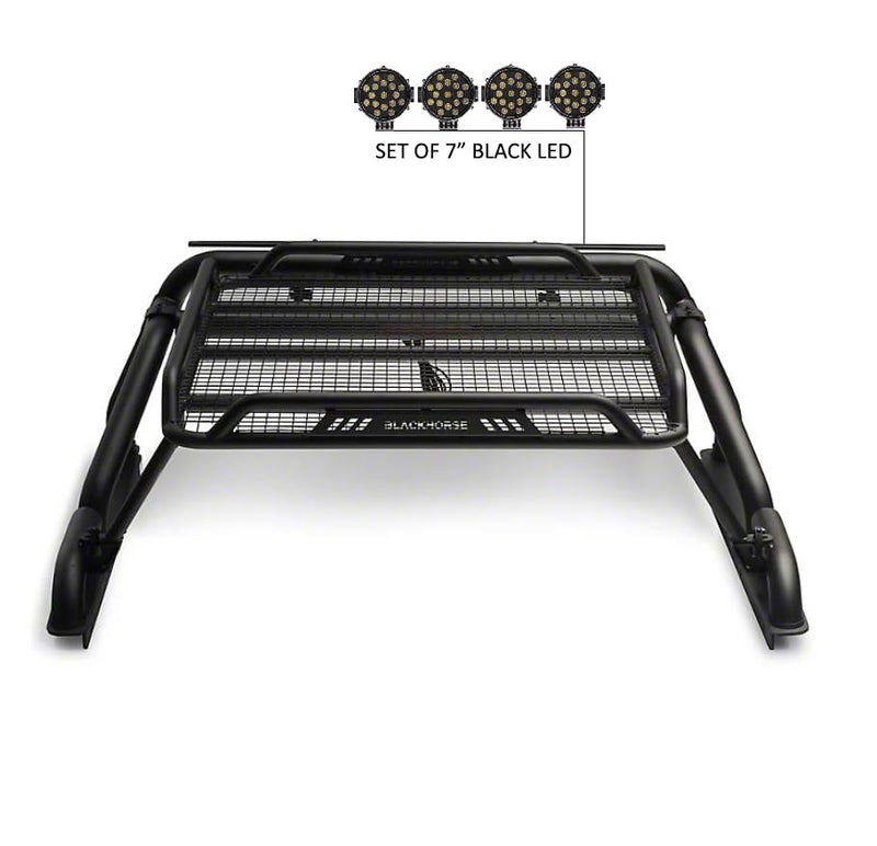 Warrior Black Horse Roll Bar incl. Pair of 7.0" Dia.LED Lights w/Black Trim Rings Compatible with 1/2 TON Trucks (GM Silverado 14+/Ford F150 15+/Dodge RAM 15+) with Full Size Cargo Basket