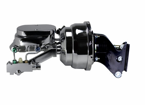 8 Inch LEED BRAKES Dual Power Booster, 1-1/8 Inch Bore Flat Top Master, Side Mount Valve, Disc/Disc (Chrome)