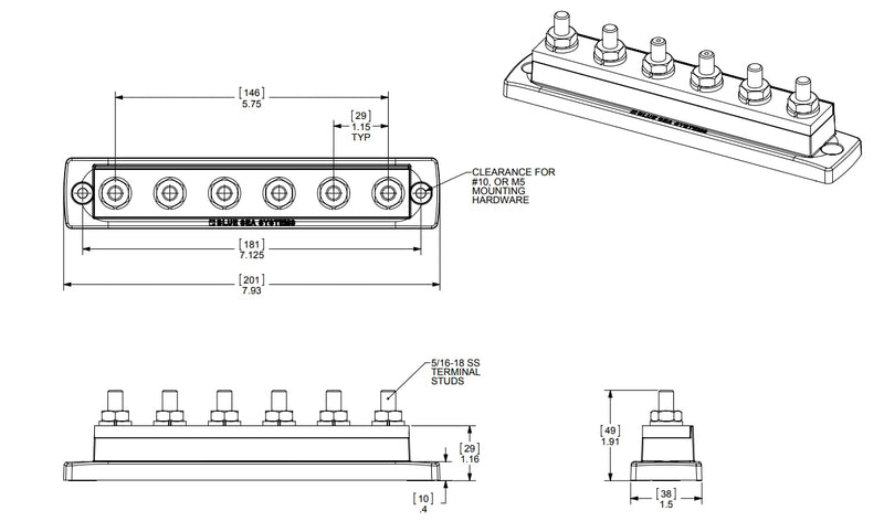 250 Amp Blue Sea Systems MaxiBus BusBar with 6 studs, 2126