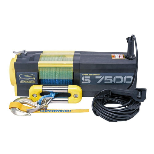 S7500SR Superwinch 1475201 Trailer Winch 7500lb (3402kg) Single Line Pull with Roller Fairlead 5/16" x 55' Synthetic Rope 30.5ft Corded Handheld Remote