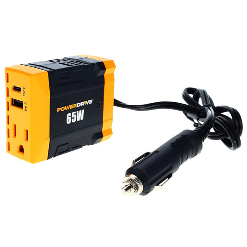 PowerDrive 65 Watt PWD65 Slim Power Inverter 12v DC to 110v AC with Outlet and 2 Ports
