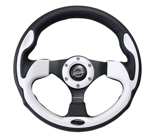 NRG Innovations Reinforced NRG-RST-001WT Steering Wheel 350mm Sport Leather Racing (2.5" Deep) Comfort Grip, 4mm Metal Neochrome Spoke, Black Leather/White + Horn Button